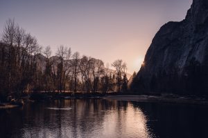 sunset, yosemite valley, yosemite winter, sunburst, granite, reflection