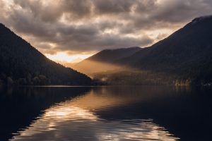 sunset, lake crescent, golden glow, reflection