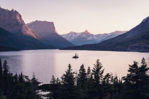 wild goose island, saint mary lake, glacier national park, sunset, alpine glow, montana