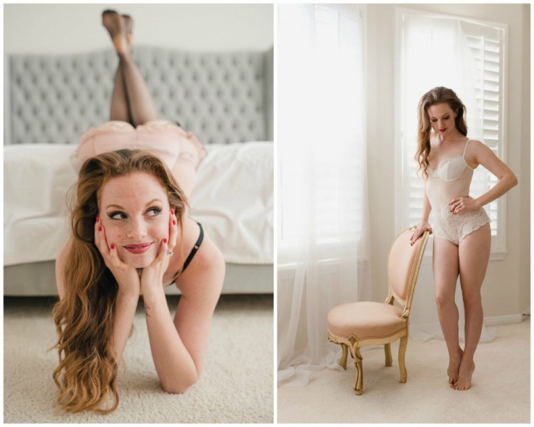redhead pin up intimate lifestyle boudoir session in houston bedroom