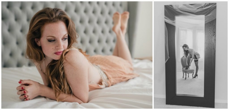 redhead in free people romper intimate lifestyle boudoir session in houston bedroom