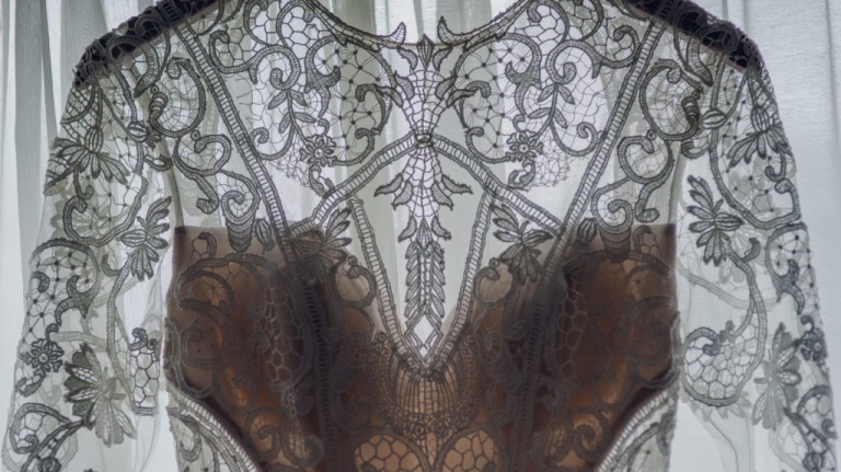 backlit lace bridal gown