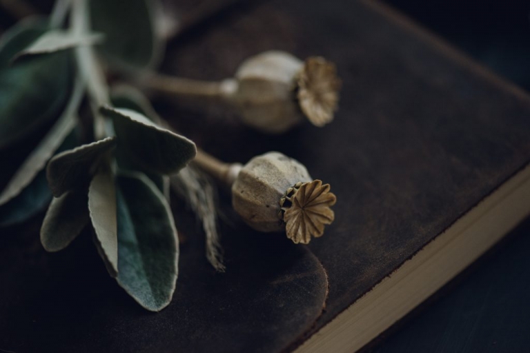 dried flower detail on leather vow book