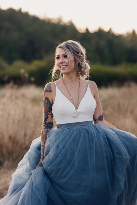 elopement bride with unique blue skirt