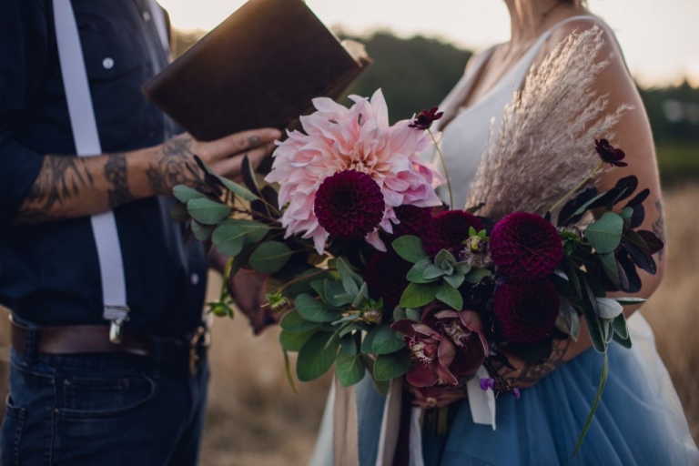 bohemian bouquet with wheat grass and dahlias