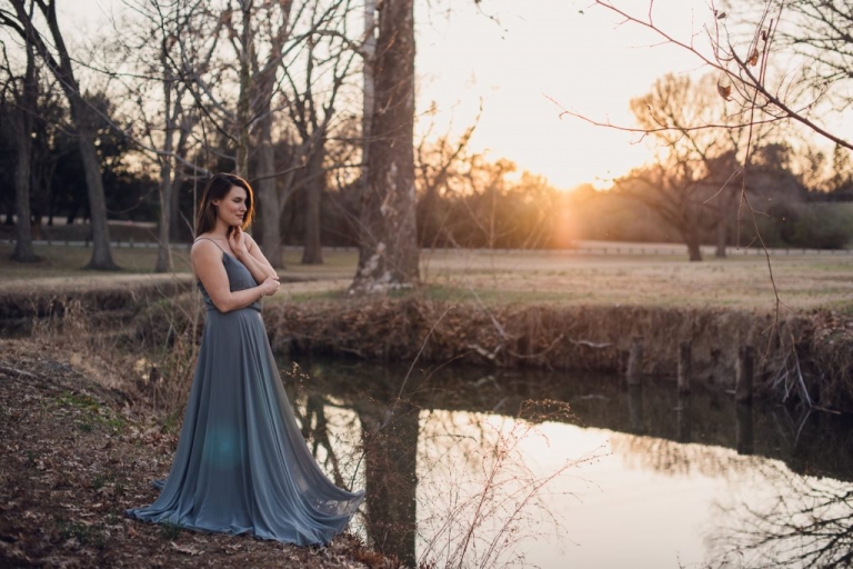 blue dress lake at sunset portrait session in dallas texas