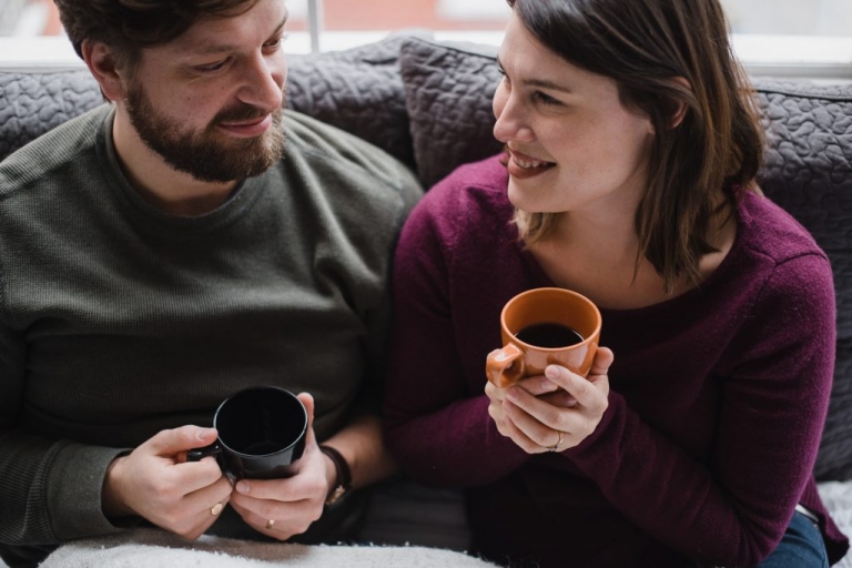 couples coffee lifestyle cozy snuggle session in dallas texas