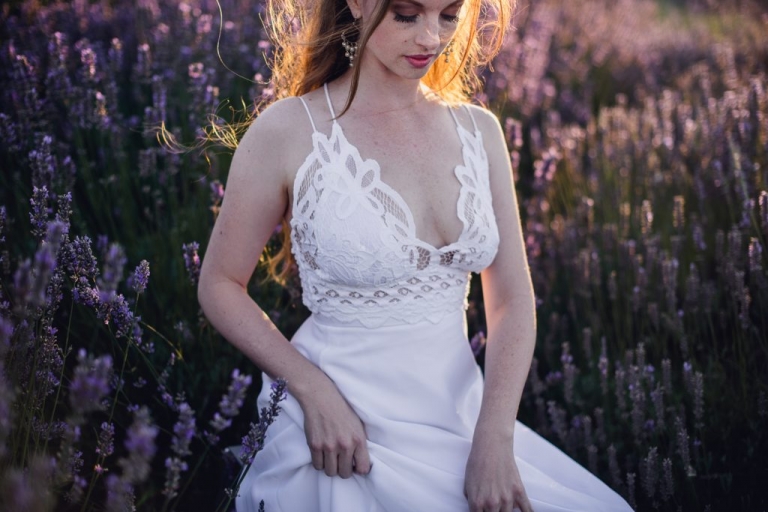 sunset bride in lavender field in sequim washington