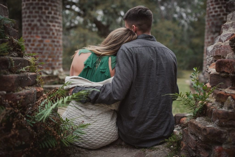 couple hug at old sheldon ruins beaufort south carolina