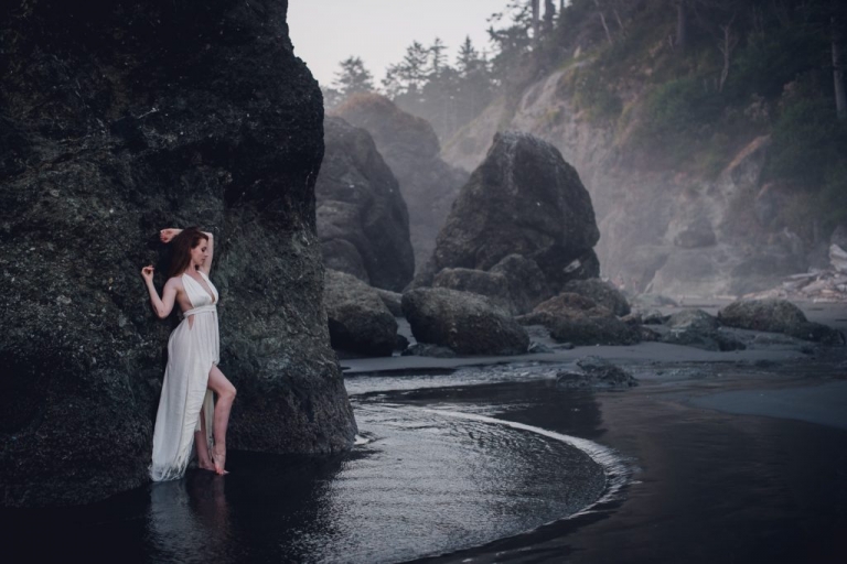 white dress portrait in water ruby beach seastack