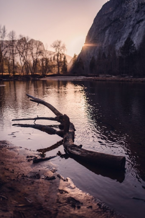 sunset over water in Yosemite Valley