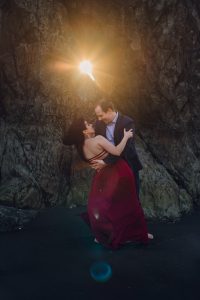 ruby beach, maroon dress, adventurous couple, adventure photographer, adventure photography, olympic national park, engagement, engagement photography
