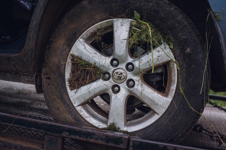 rav4 wheel with grass after accident in wisconsin