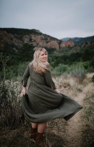 olive green dress, boho style, blonde hair, mountains, travel and adventure photographer