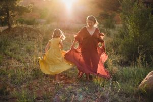 golden hour, sunset, yellow summer dress, boho style, bohemian style, rust colored dress, blonde hair, open field, All Heart Workshop