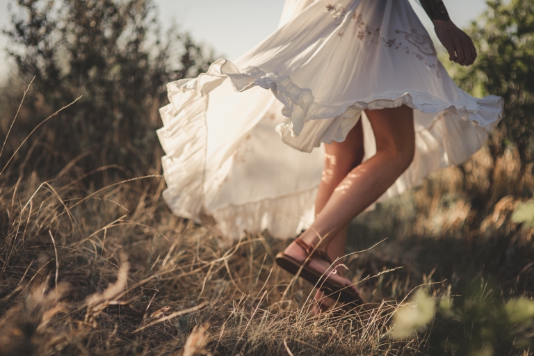 white summer dress, open field, summertime, brown sandals