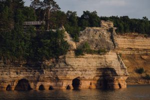 Michigan's Pictured Rocks on Lake Superior, mineral stain, cliffs, midwest, great lakes, sunset, boat tours, summertime, lake water, upper peninsula, UP Michigan, Michigan, Lake Superior, pictured rocks, greenery, great lakes, midwest