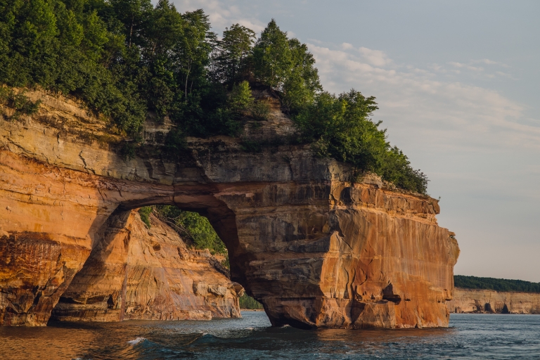 Michigan's Pictured Rocks on Lake Superior, mineral stain, cliffs, midwest, great lakes, sunset, boat tours, summertime, lake water, upper peninsula, UP Michigan, Michigan, Lake Superior, pictured rocks, greenery, great lakes, midwest