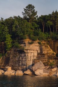 Michigan's Pictured Rocks on Lake Superior, mineral stain, cliffs, midwest, great lakes, sunset, boat tours, summertime, lake water, upper peninsula, UP Michigan, Michigan, Lake Superior, pictured rocks, greenery, great lakes, midwest