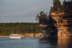 Michigan's Pictured Rocks on Lake Superior, mineral stain, cliffs, midwest, great lakes, sunset, boat tours, summertime, lake water, upper peninsula, UP Michigan, Michigan, Lake Superior, pictured rocks, greenery, great lakes, midwest