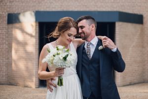 intimate summer elopement, Rothko chapel, Houston intimate elopement, Texas intimate elopement photographer, navy blue suit, sleeveless wedding dress, summer wedding