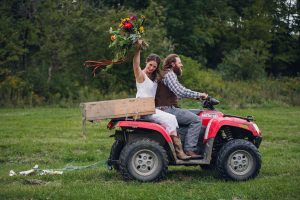 fall bouquet, red barn, blue flannel, upstate New York wedding, farm wedding, NY wedding, intimate weddings, adventure wedding photographer, NY wedding photographer, NY intimate wedding photographer, ATV, country wedding, just married