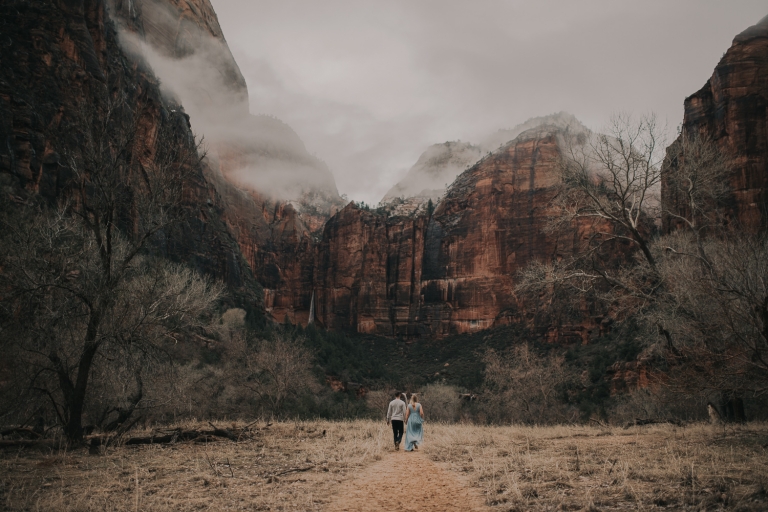 adventure photography and elopements, adventurous lovers in zion national park sharing their love story