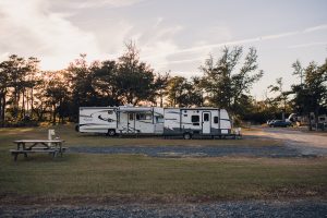 rv and travel trailer parked in outer banks campground in north carolina