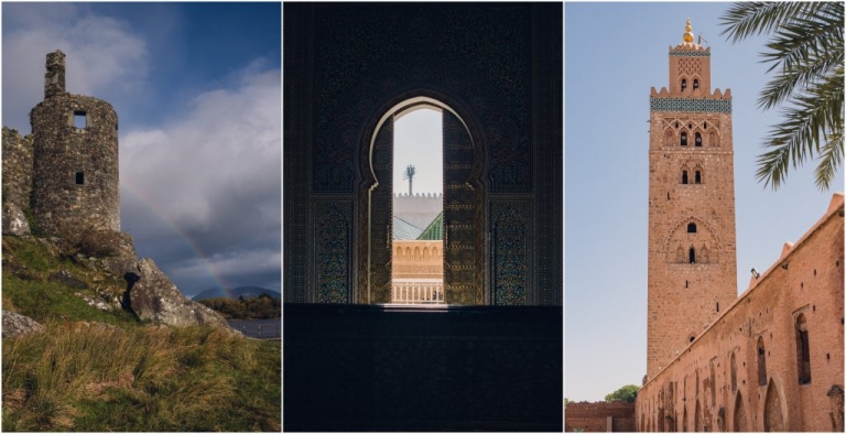 ruins of a scottish castle with a rainbow in the background, an open door in a moroccan building, red stone building in Marrakech morocco  