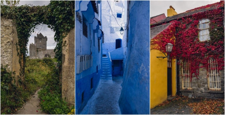ivy covered arch with stone castle in ireland, blue city alleyway in chefchaouen morocco, yellow house covered with red ivy during autumn in ireland 