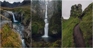 collage of fairy pools scotland, multnomah falls oregon and fairy glen isle of skye