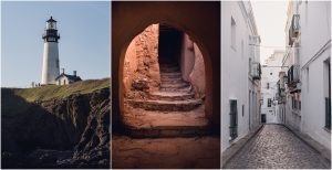 lighthouse in oregon hallway in morocco alley in tarifa spain