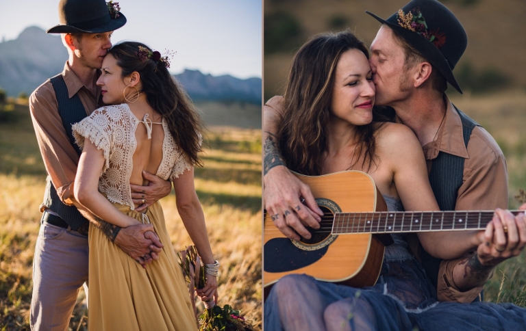 boulder colorado couple playing guitar and nuzzling
