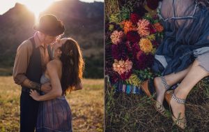 couple kisses at sunset in front of boulder mountains