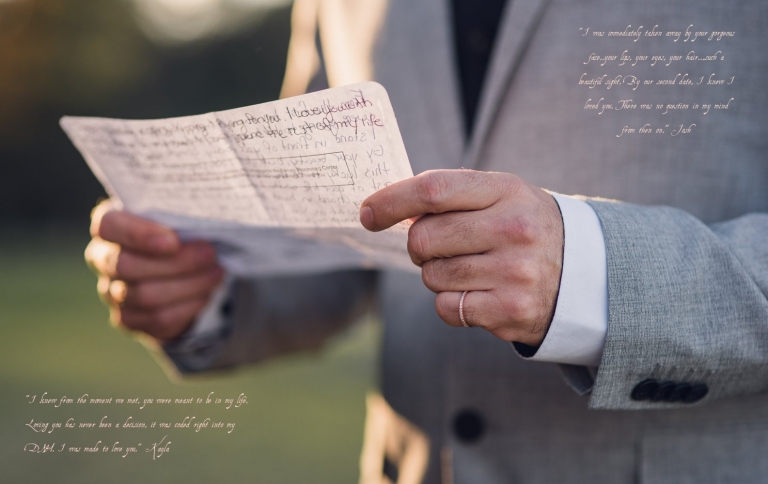 groom reads vows during elopement with fiancee's wedding ring on his pinky finger