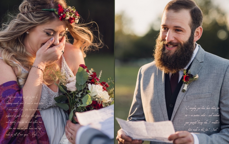 blonde bride cries while groom reads his wedding vows during their intimate coastal elopement