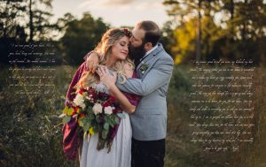 groom hugs bride holding a large bouquet on their elopement day