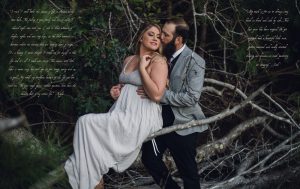 bride and groom sit among tree branches on their elopement day