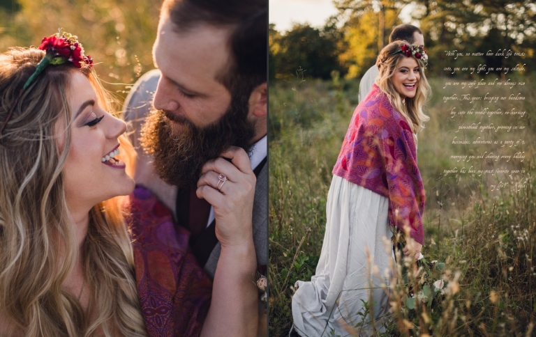 groom leads bride wearing a maroon shawl through a field of grass during their adventure elopement