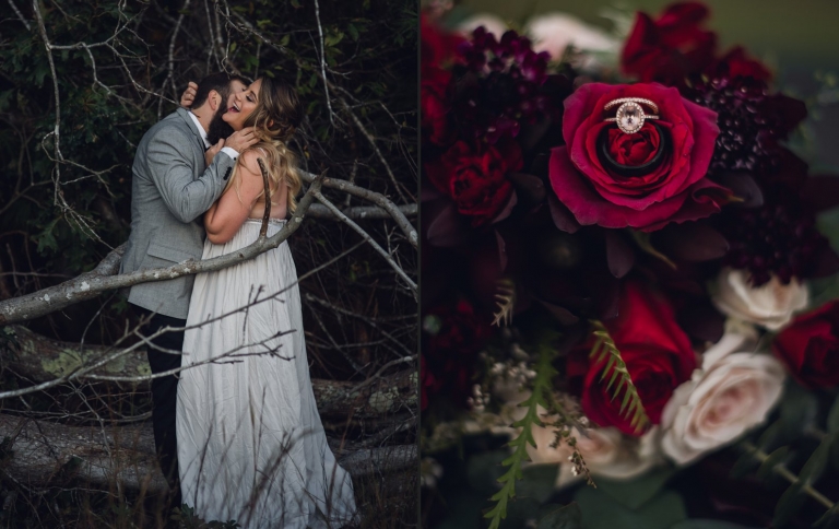 rose gold oval ring in a red rose wedding bouquet