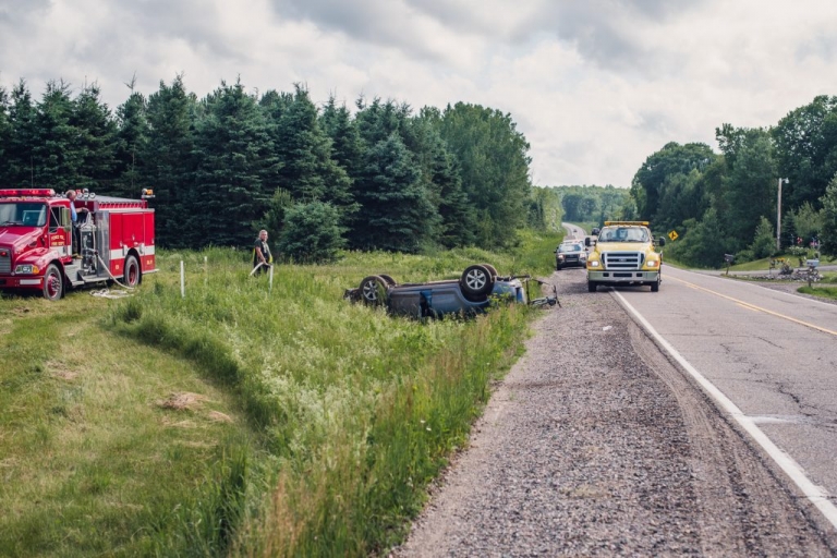 firetruck on the scene of toyota rav4 accident in northern wisconsin 